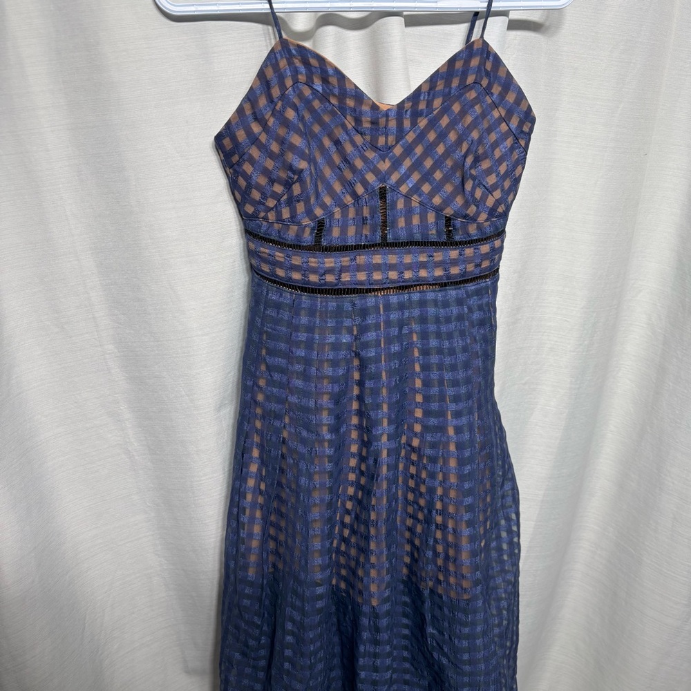 Roselani Navy Blue Tan Gingham Plaid Ladder Lace Cutout Midi Dress Size S Boho - Picture 3 of 12